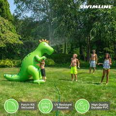 Swimline stakes secure the 7-foot tall sprinkler on soft ground