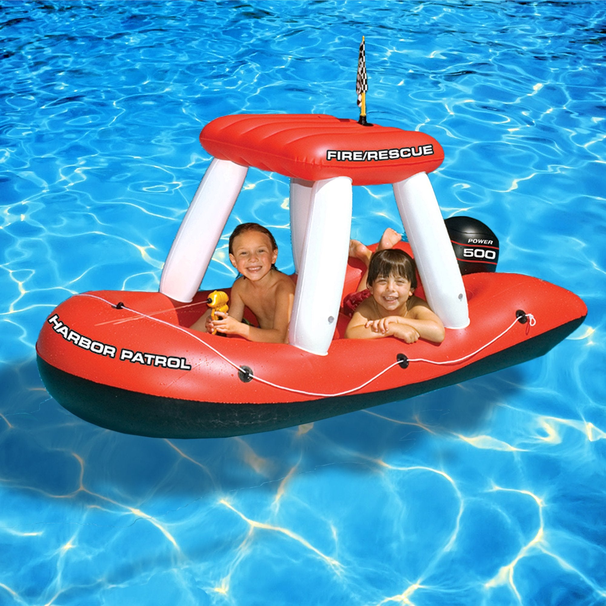 Swimline Fireboat Squirter pool toy side view highlights sun roof for shade during play