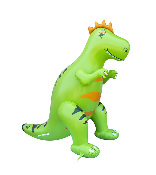 Swimline Humongous Dinosaur Sprinkler in action, tall height delivering cooling outdoor fun for kids