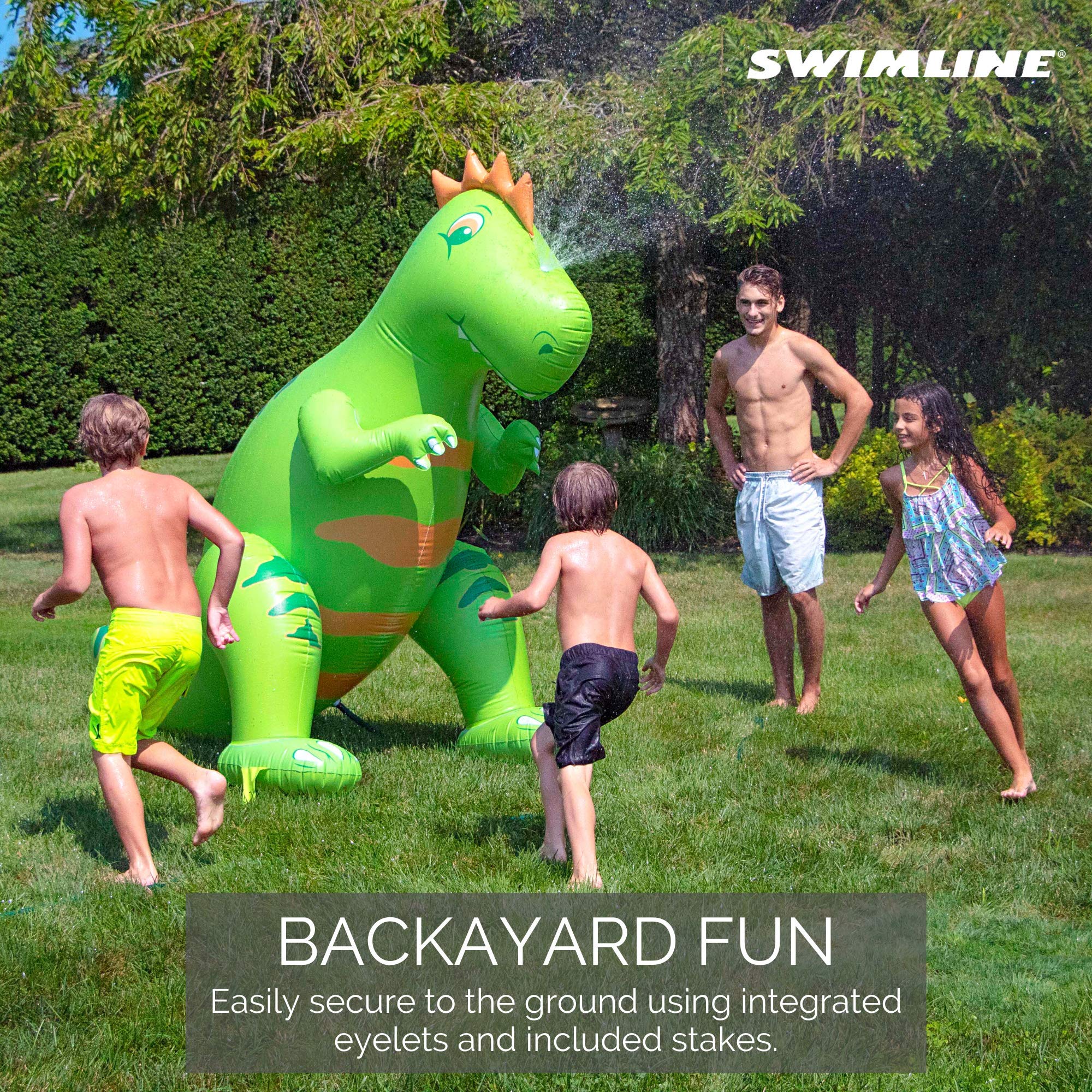 Swimline Humongous Dinosaur Sprinkler inflates quickly for easy setup