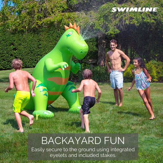 Swimline Humongous Dinosaur Sprinkler inflates quickly for easy setup
