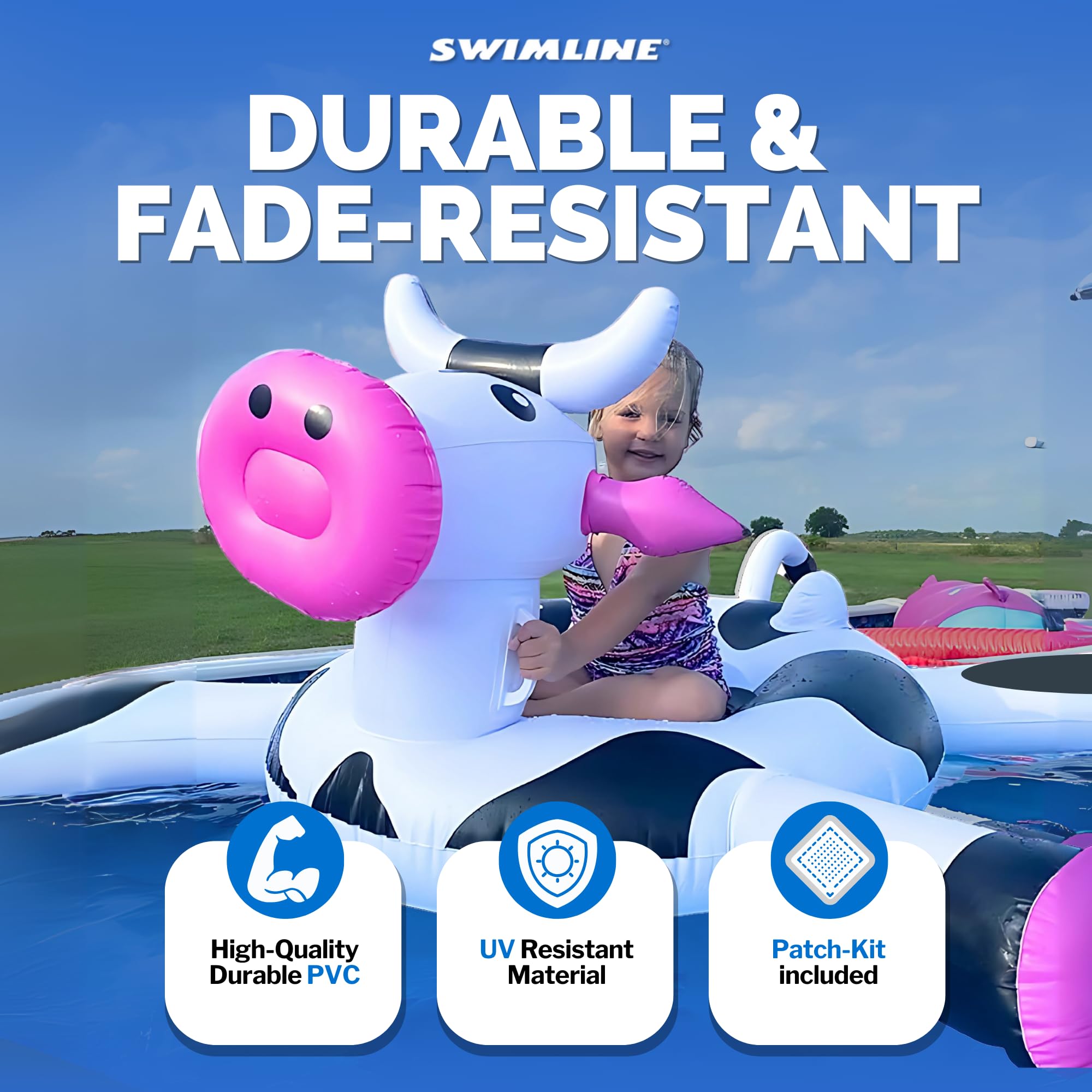 Swimline LOL Cow float base and legs emphasize stability for safe lounging.