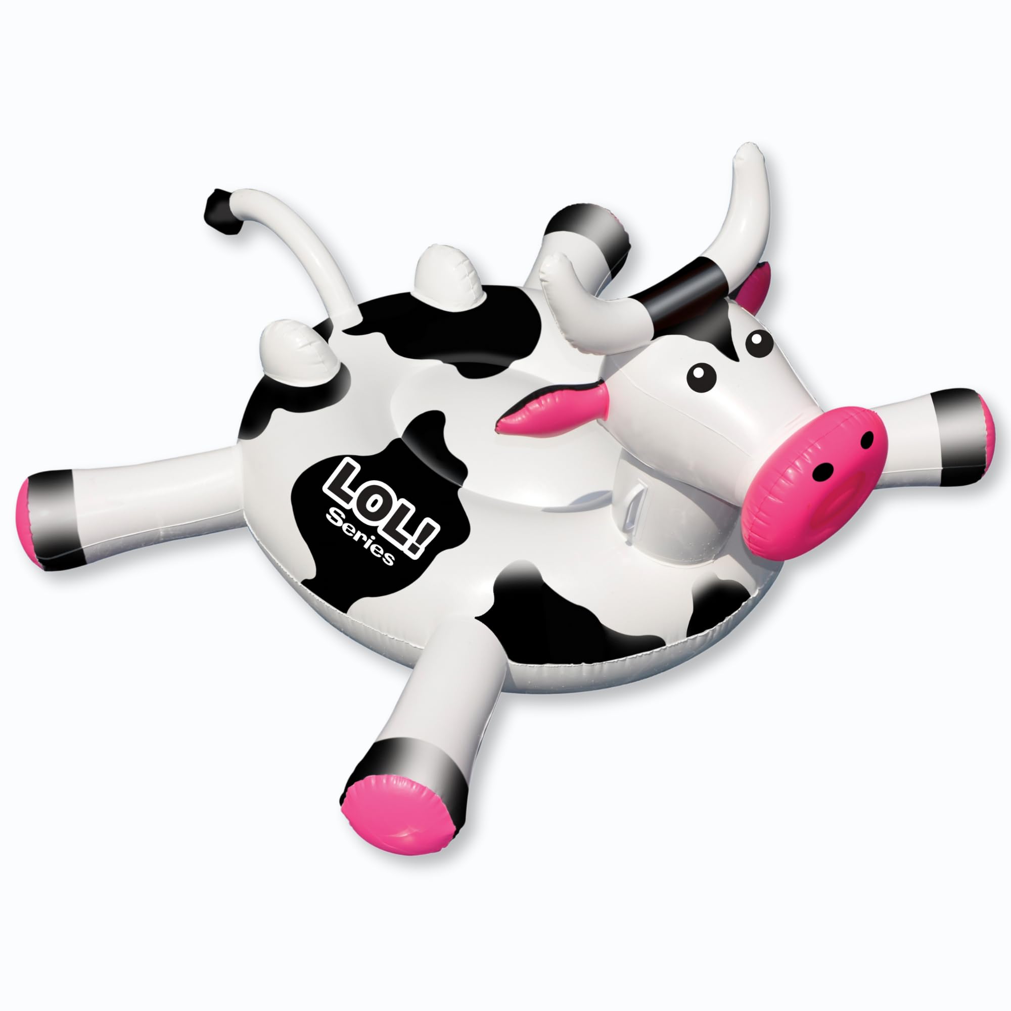 Swimline LOL Cow float front view showing oversized base for lounging and stability.