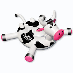 Swimline LOL Cow float front view showing oversized base for lounging and stability.