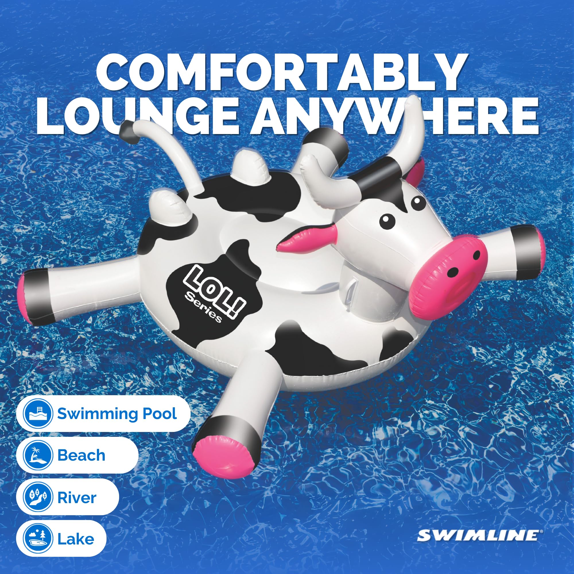 Swimline LOL Cow float in pool scene demonstrates spacious lounging for friends.