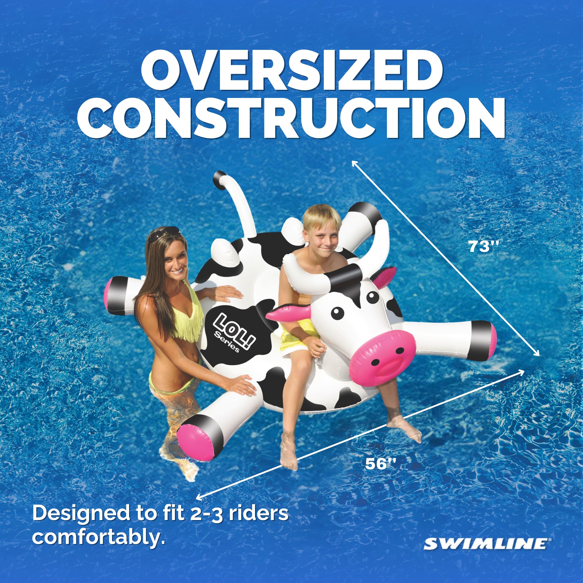Swimline LOL Cow float inflation valves ensure quick setup and air retention.