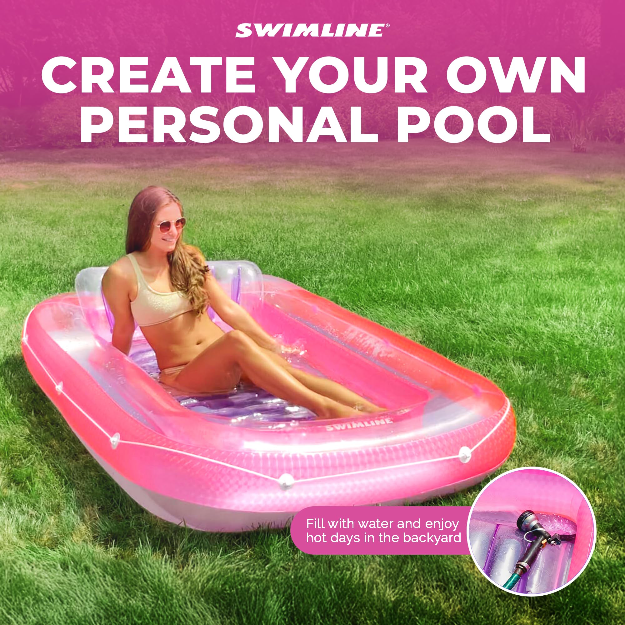 Swimline Original Suntan Tub Classic pink purple, generous 70 by 46 by 8 inch footprint.