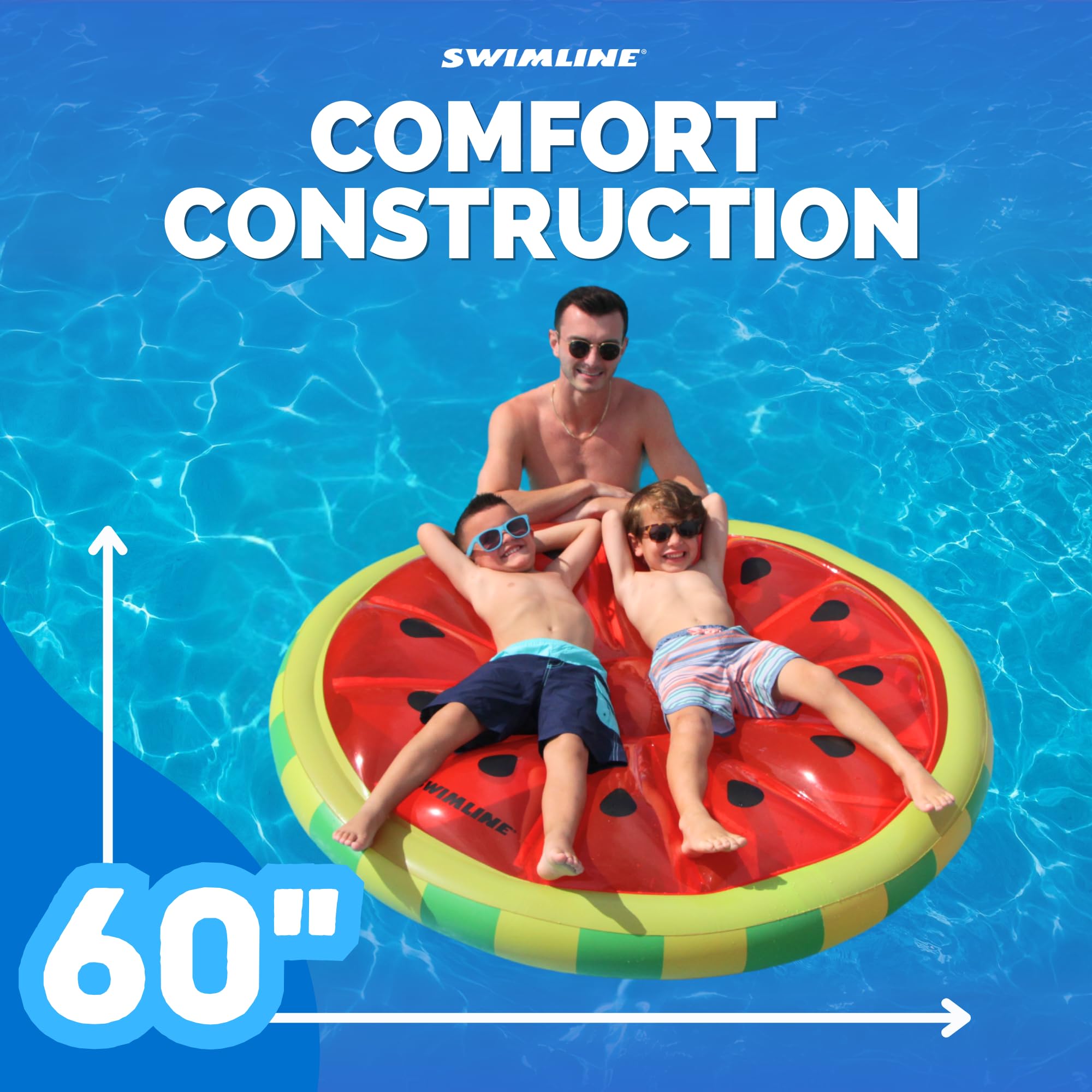 Family enjoying Swimline Watermelon Slice Floating Pool Island at the beach.