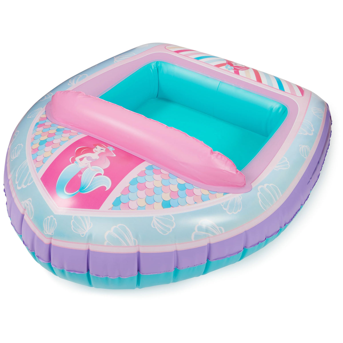 SwimWays Ariel inflatable water boat in pool for imaginative play.