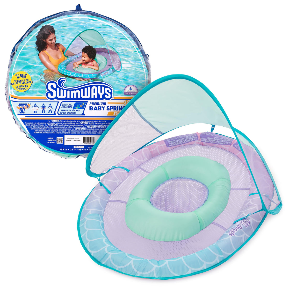 SwimWays Baby Spring Float Mermaid Canopy keeps baby shaded and visible.