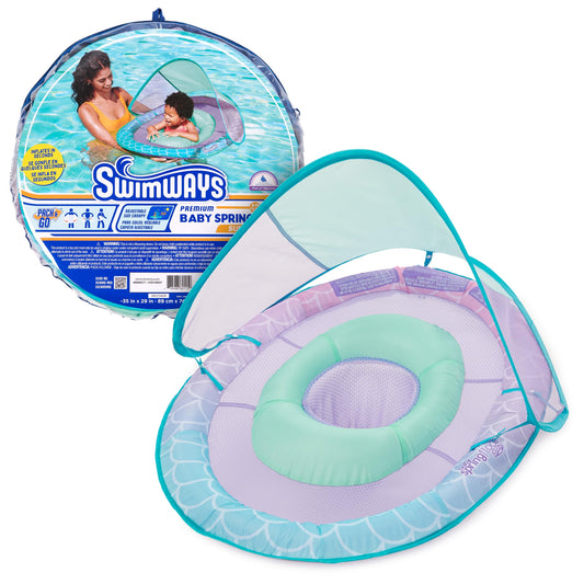 SwimWays Baby Spring Float Mermaid Canopy keeps baby shaded and visible.