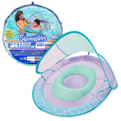 SwimWays Baby Spring Float Mermaid Canopy keeps baby shaded and visible.