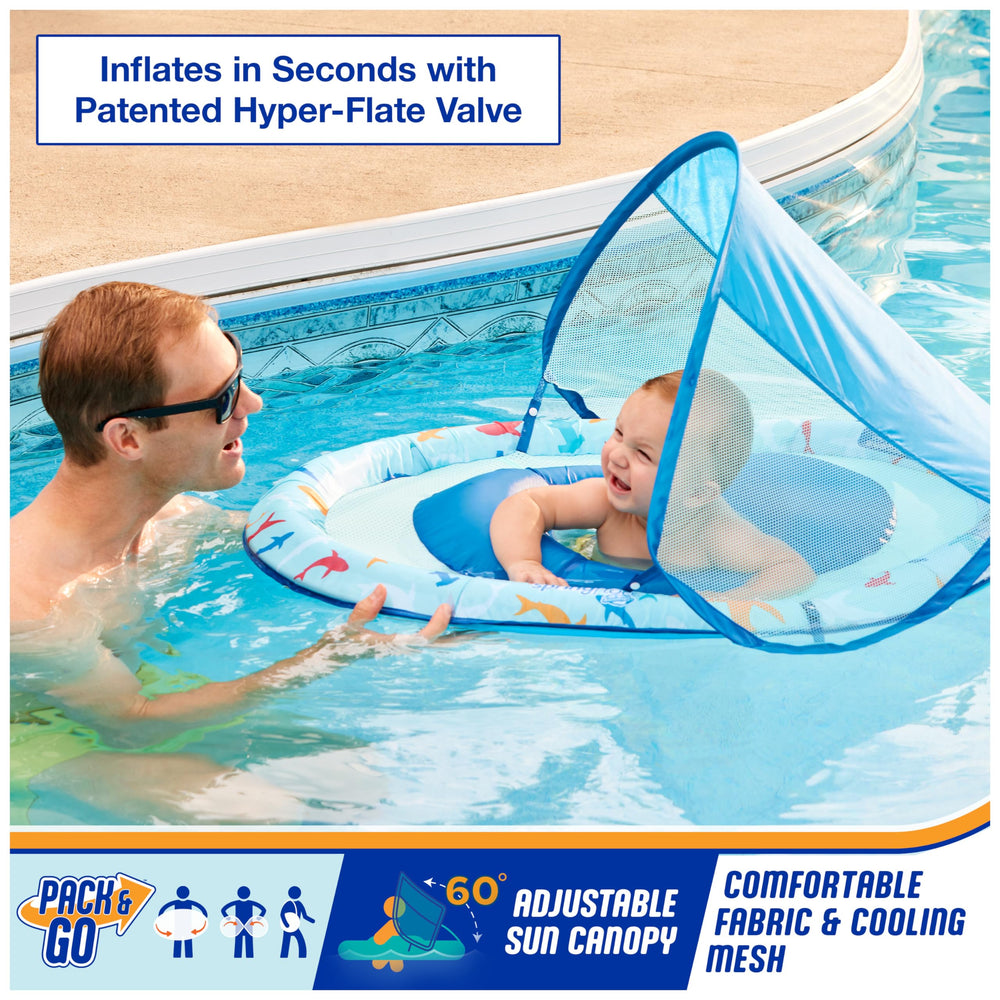SwimWays Baby Spring Float Shark canopy provides shade while you monitor your child.