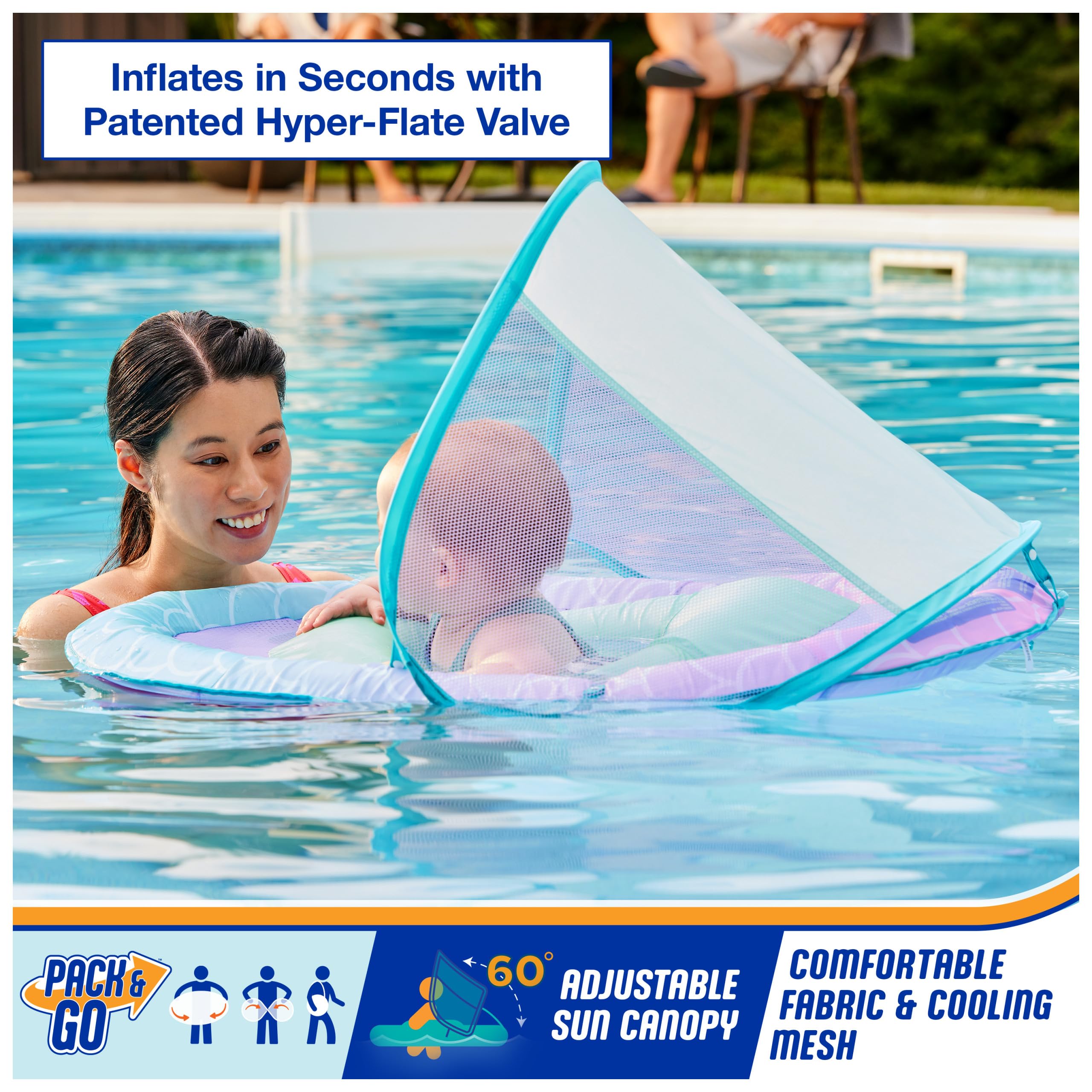SwimWays Baby Spring Float Soft Mesh Seat supports comfortable kicking and splashes.