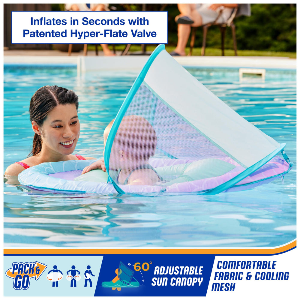 SwimWays Baby Spring Float Soft Mesh Seat supports comfortable kicking and splashes.