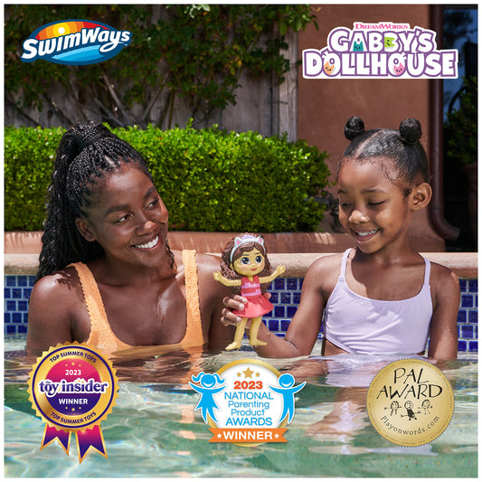 SwimWays Gabby’s Floatin’ Figure on water remains upright after waves for playful sessions.