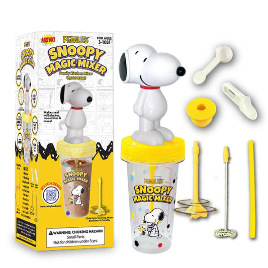 Swirly Heads MAGIC MIXER Snoopy lid swirl for kid-friendly chocolate milk.