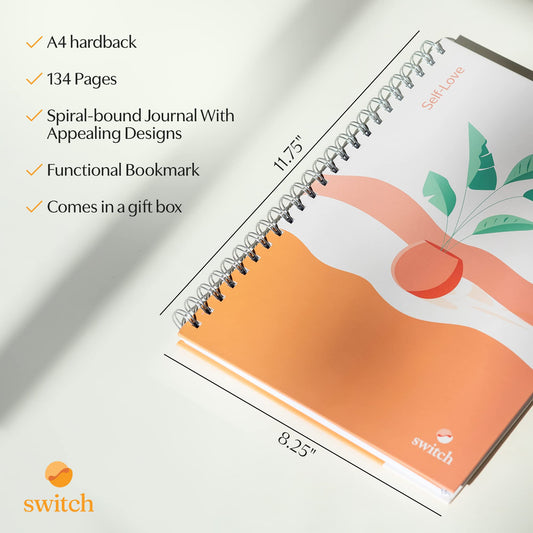 Switch Research Self-Love Journal pages inside show guided prompts for mindfulness.