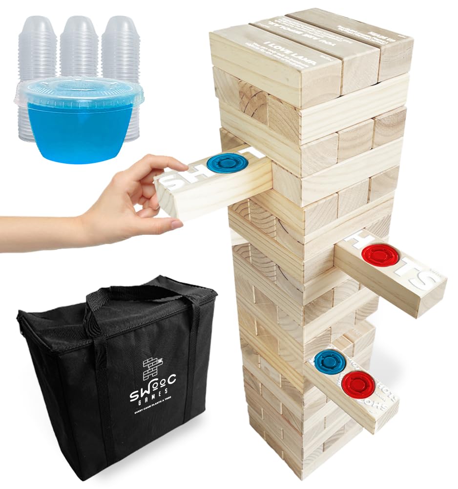 SWOOC Games giant tower being stacked at an outdoor party.
