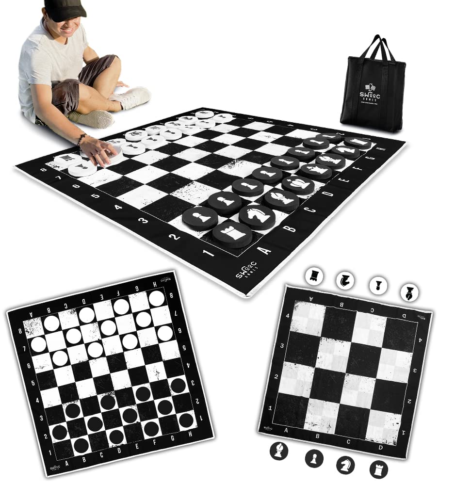 SWOOC giant chess-checkers mat setup shows a roomy 4x4 ft play area for family fun.
