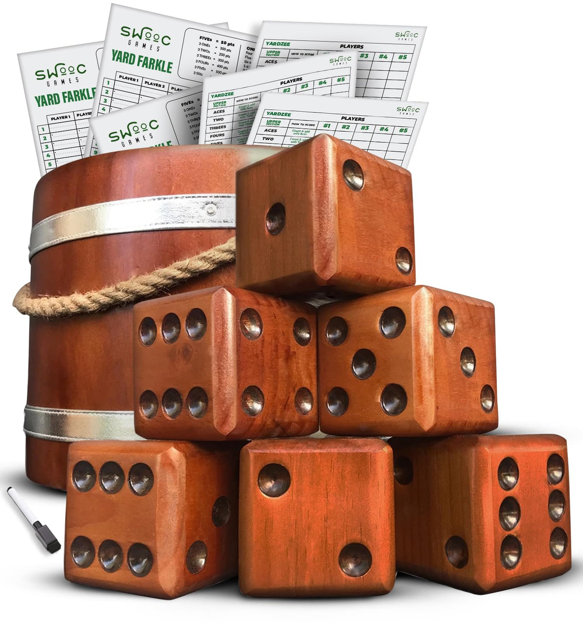 SWOOC giant yard dice set with wooden outdoor bucket for family play