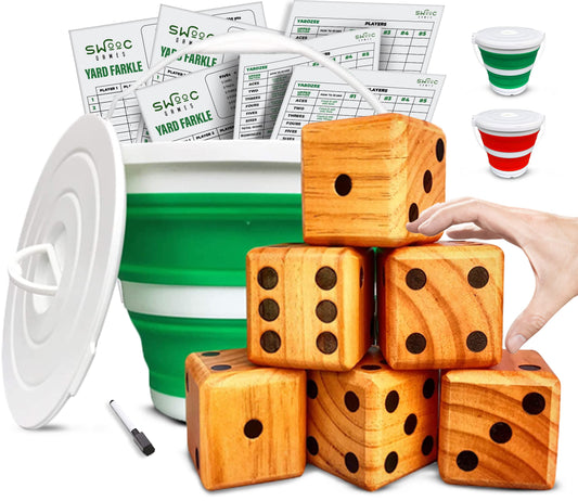 SWOOC Yardzee 2.5-inch dice close-up showing portable, easy-to-handle yellowish wood dice.