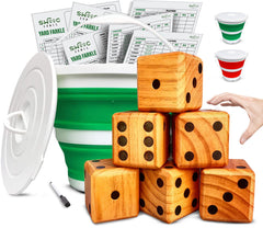 SWOOC Yardzee giant dice set with 6 wood dice for outdoor fun.
