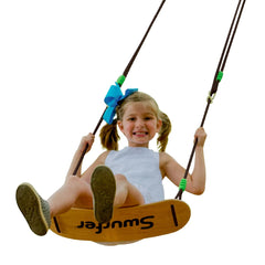 Swurfer Sway Wood Tree Swing front view shows maple deck for backyard play.