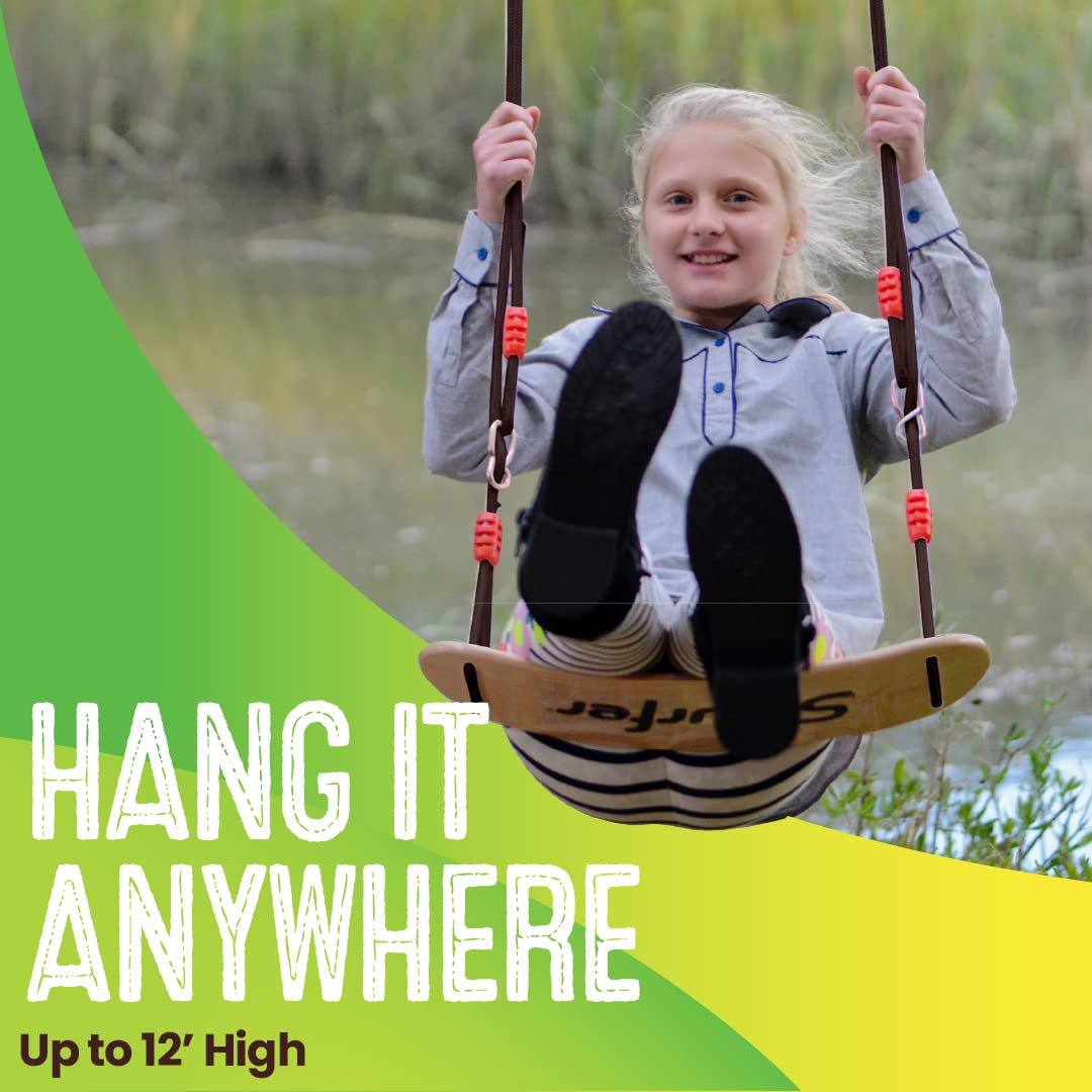 Swurfer Sway Wood Tree Swing soft braided rope in action for easy grasp.