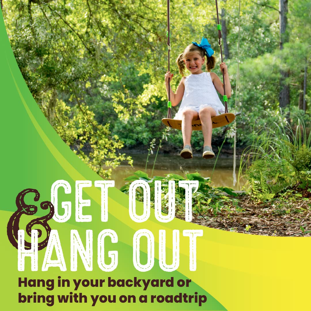 Swurfer Sway Wood Tree Swing mounted on tree enables sunny outdoor play for kids.