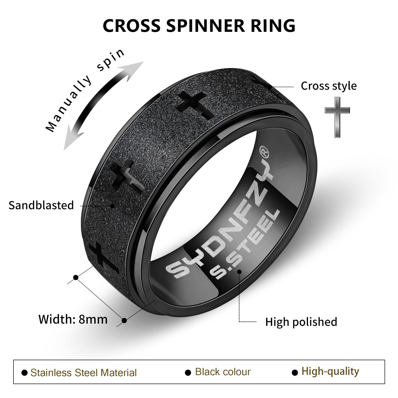 SYDNFZY anxiety spinner ring cross design in black promotes focused fidgeting