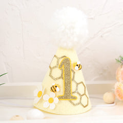SYESQL bee-themed birthday hat detail of honeycomb pattern and cute 3D bees.