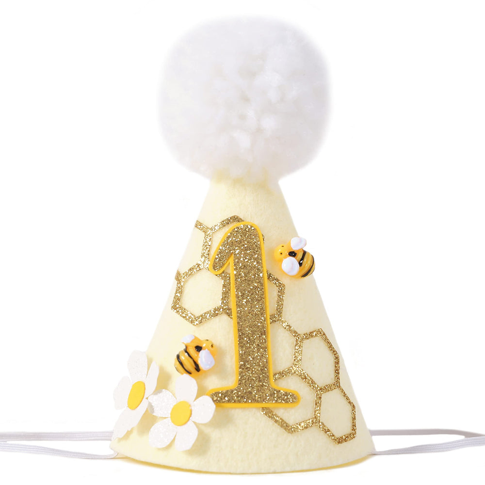 SYESQL bee-themed birthday hat front view with honeycomb and glitter accents.
