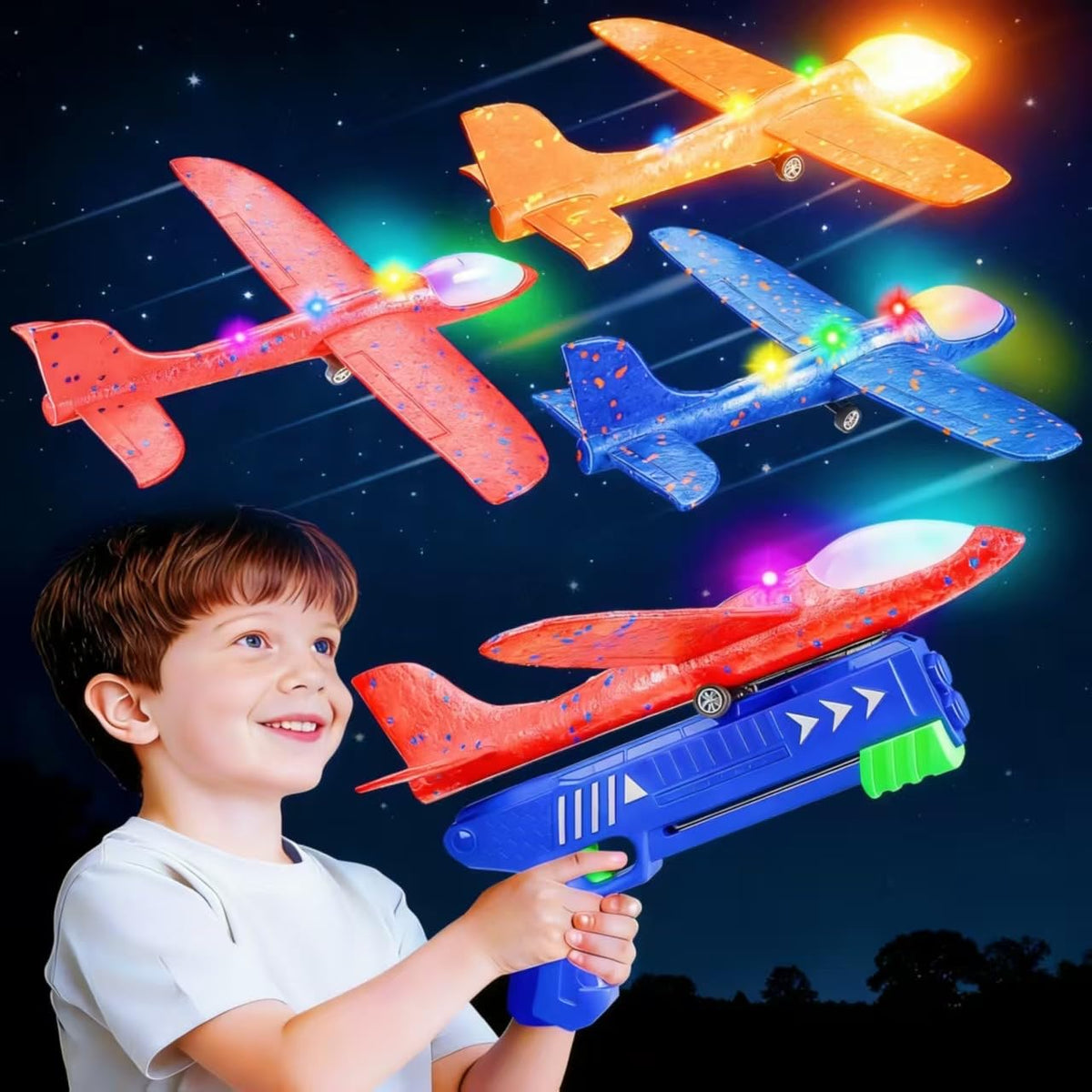 SYHLN airplane launcher 3-pack with LED planes for safe outdoor play