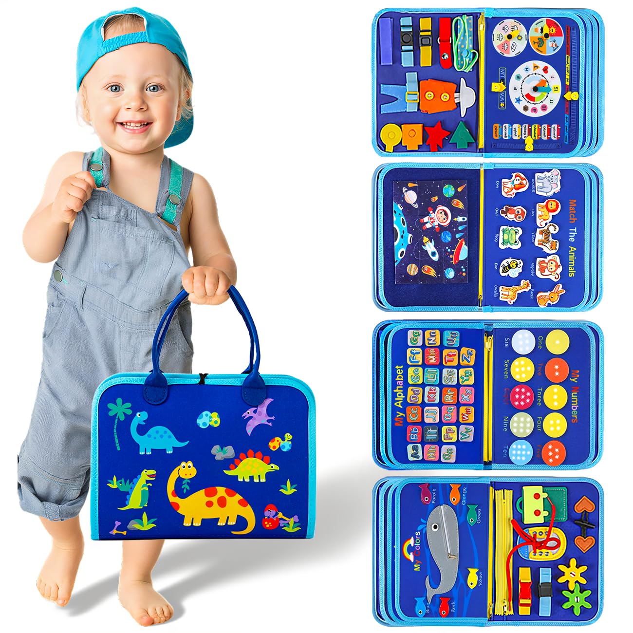 SYHLN toddler busy board front view with dinosaur design for skill development.