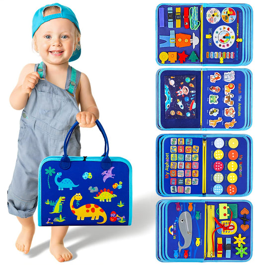SYHLN toddler busy board front view with dinosaur design for skill development.