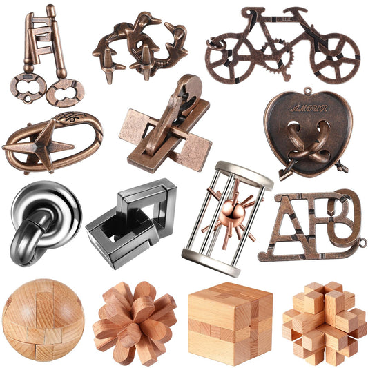 Syhood 14-piece metal brain teaser set close-up of interlocking pieces for adults