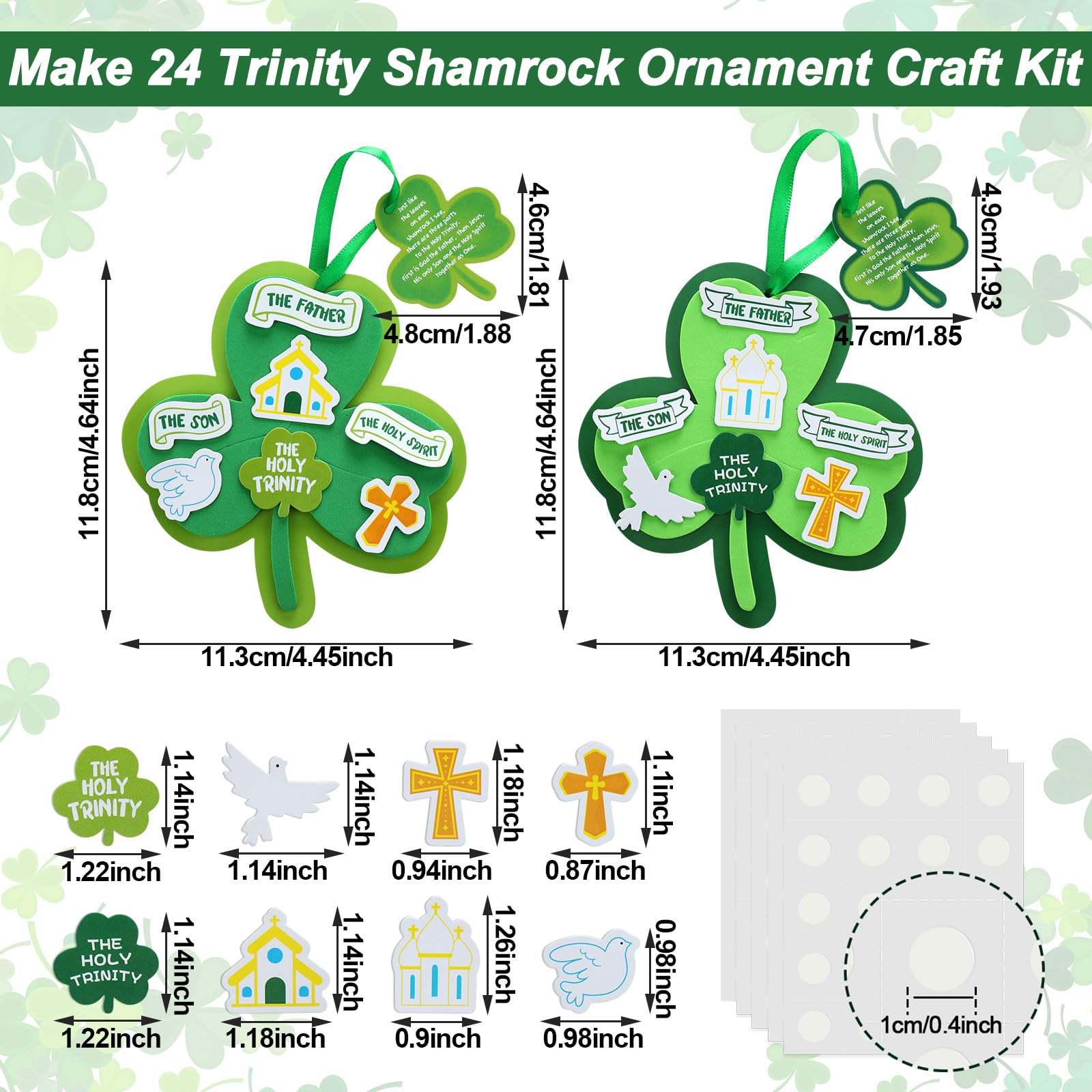 Syhood foam shamrock pieces ready to create a Trinity-themed craft