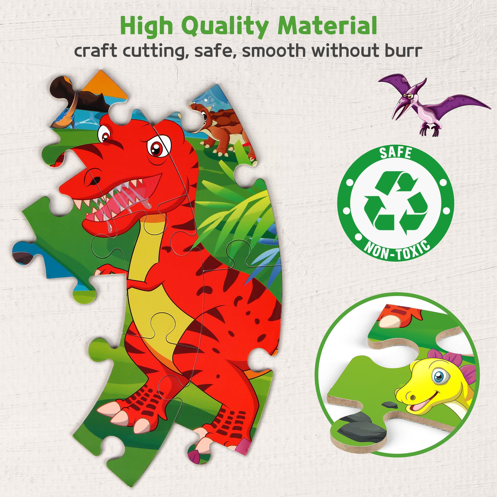 SYNARRY educational design with an instruction pattern guides dinosaur puzzle assembly.