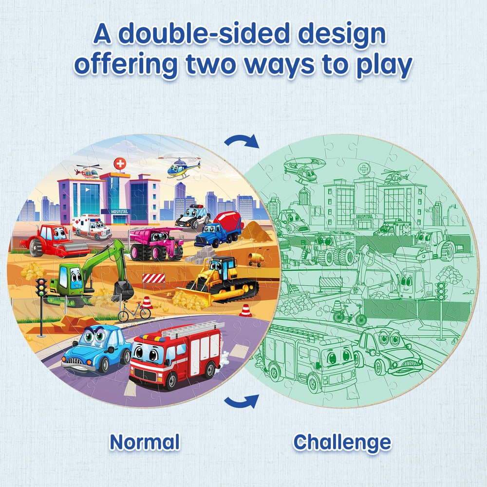 Close-up of trucks on puzzle pieces showing sturdy, kid-friendly construction.