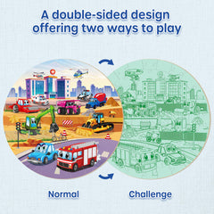 Close-up of trucks on puzzle pieces showing sturdy, kid-friendly construction.