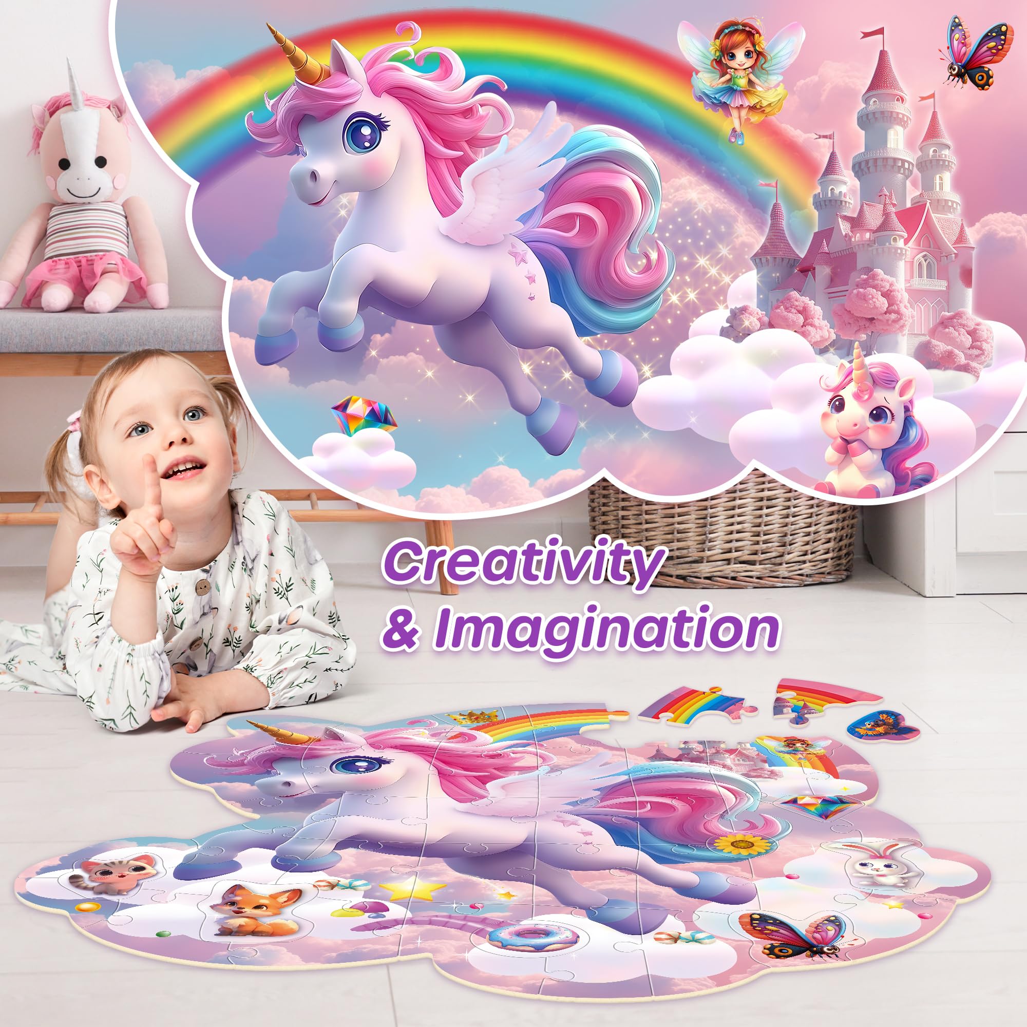SYNARRY Unicorn Puzzle image featuring castle and rainbow inspires storytelling and color recognition.