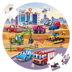 SYNARRY Vehicle Floor Puzzle giant circle with colorful trucks for floor play.