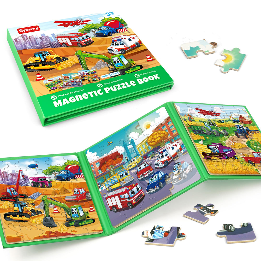 SYNARRY Vehicle Puzzles Construction Site Scene: durable, magnetic travel toy for car rides.