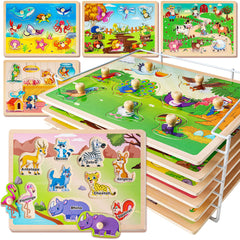 SYNARRY wooden animals puzzle set with rack promotes fine motor skills and organized play.