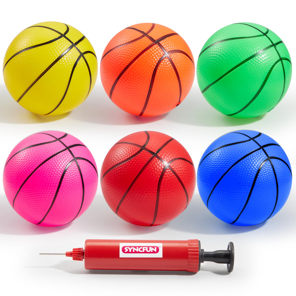 SYNCFUN 6-pack mini basketballs with 5-inch diameter for portable indoor play.
