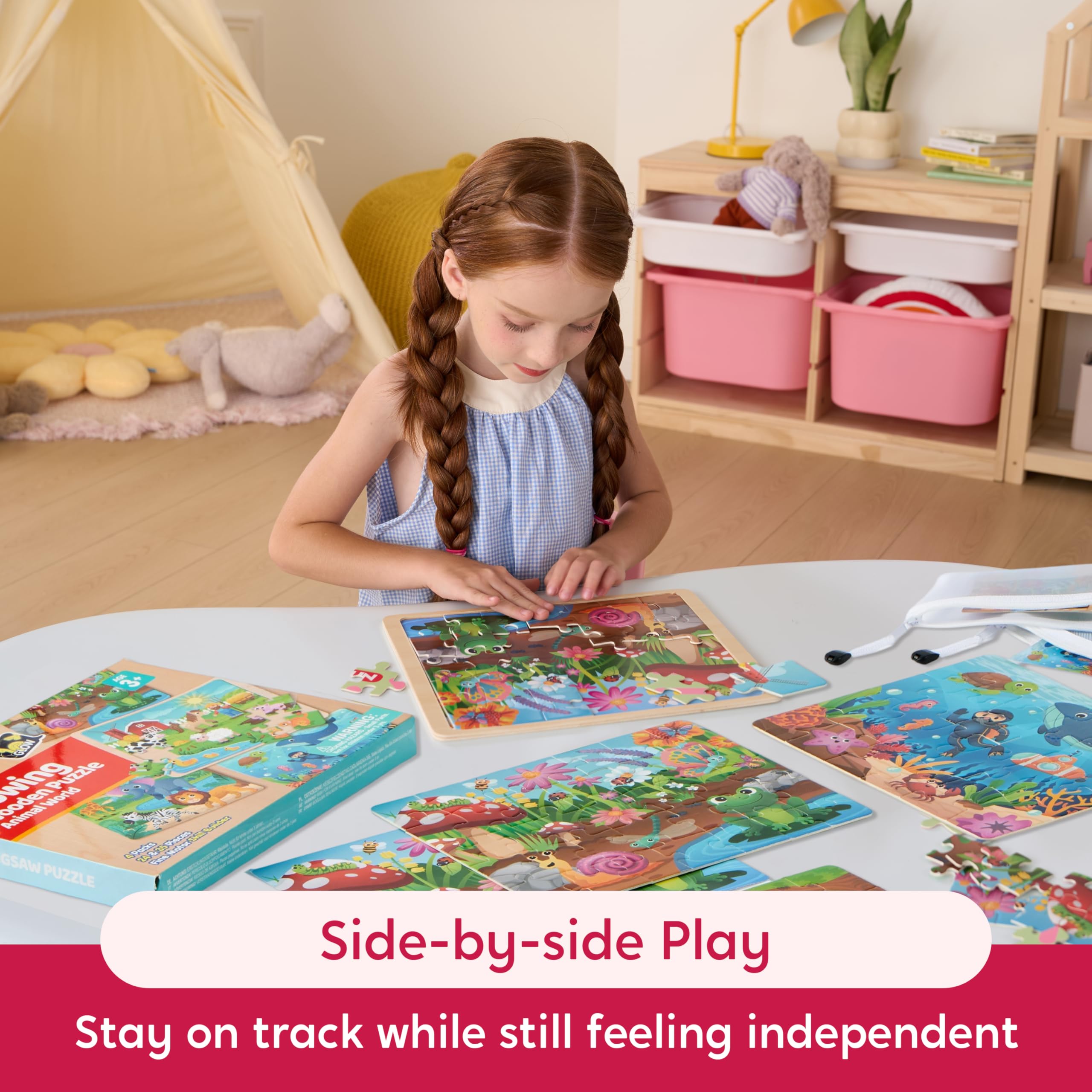 SYNCFUN puzzles include a built-in frame to hold pieces steady.