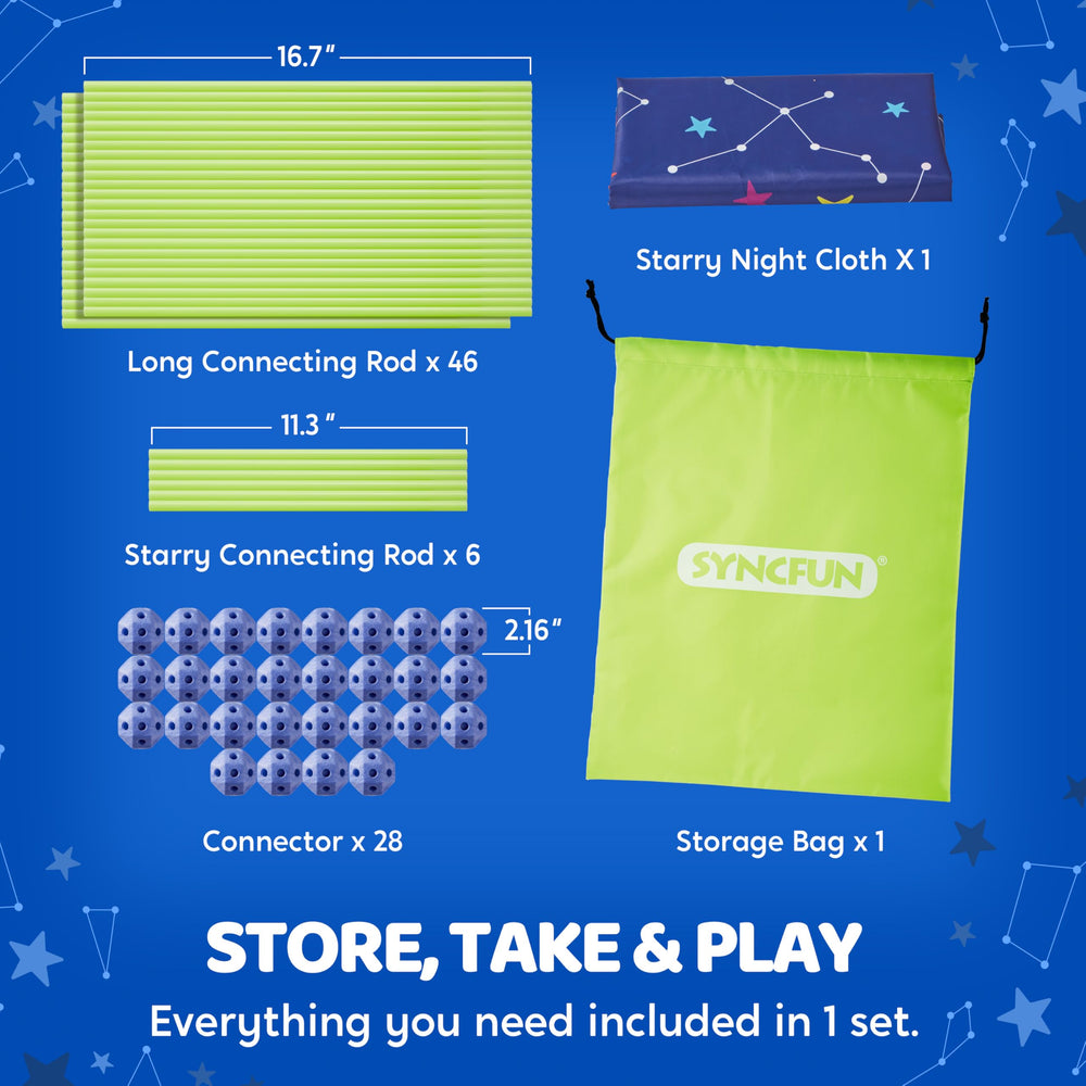 SYNCFUN Easy-assembly kit includes storage bag for quick forts.