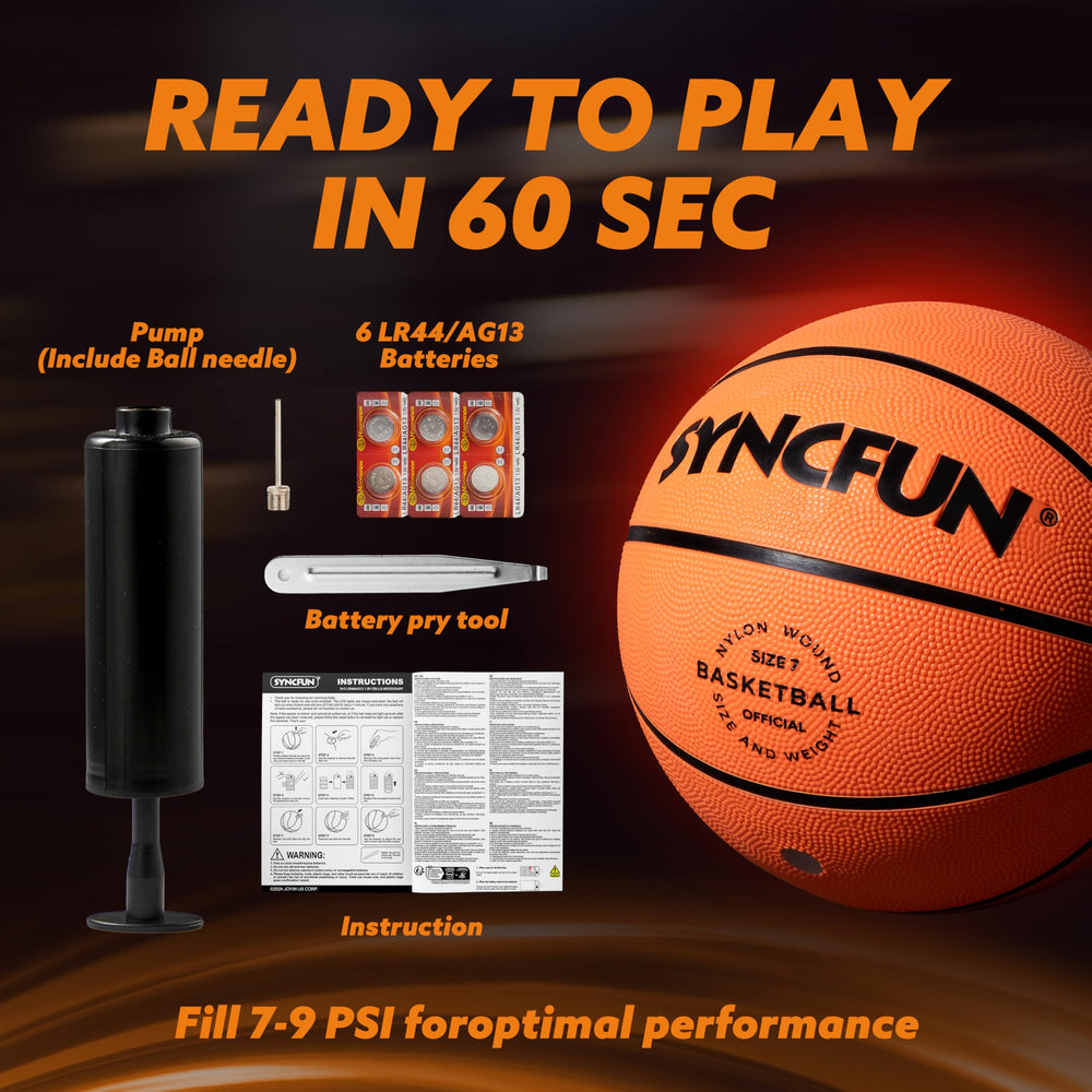 SYNCFUN Glow Basketball set includes pump and batteries for quick setup.
