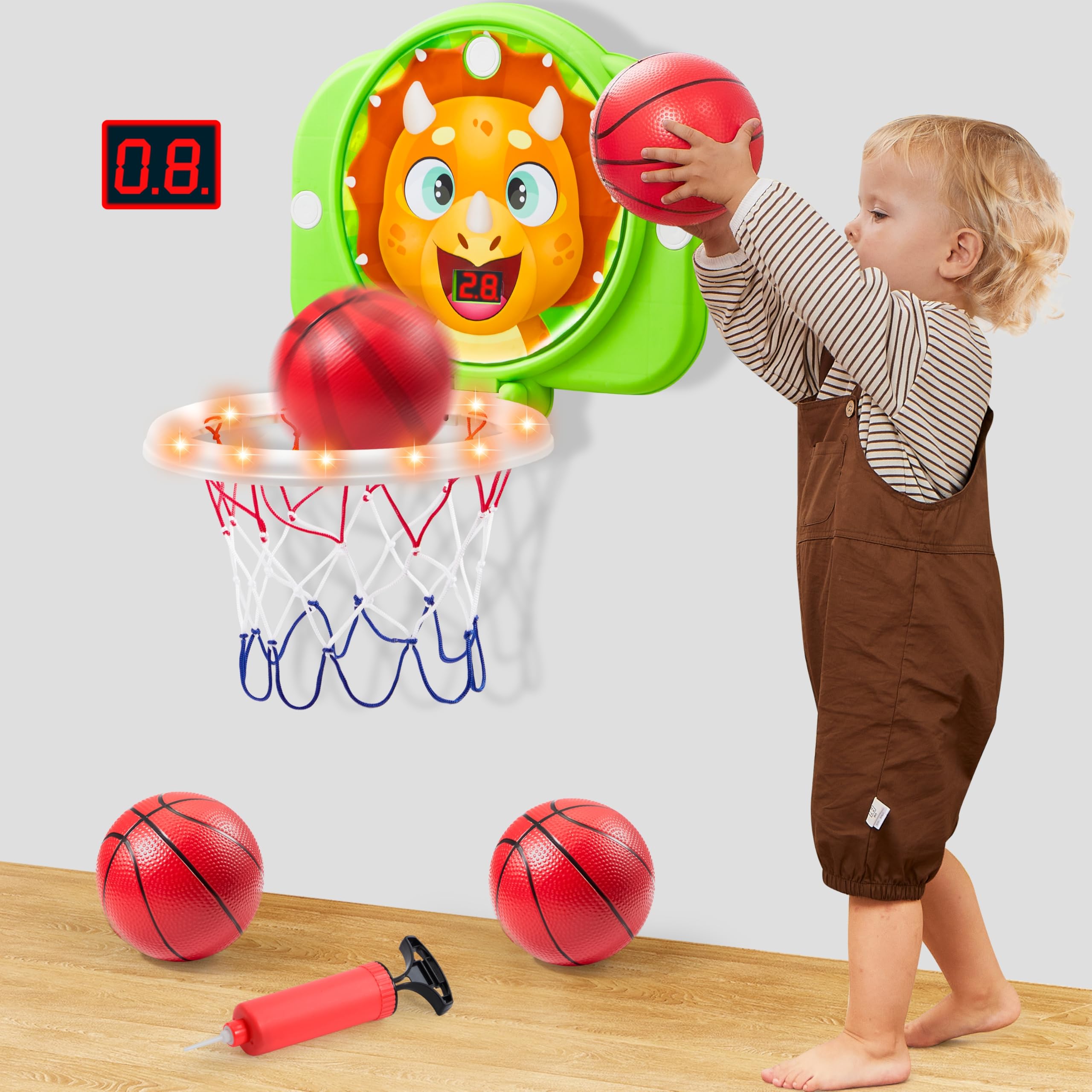 SYNCFUN mini hoop mounted on door with LED scoring for kids' play